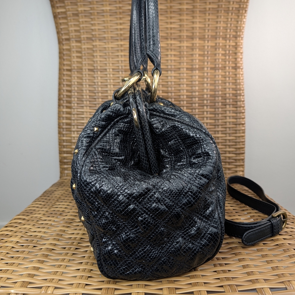 Marc Jacobs Stam Stardust Snake Print Black Leather Satchel Bag Gold Stud Detail - Picture 5 of 15